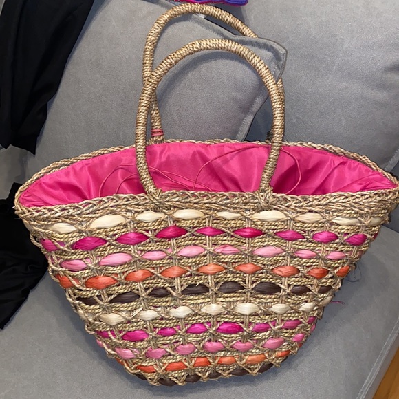 CYNTHIA ROWLEY Pink Multi Woven Beach/Picnic Drawstring Tote NWT $165 - Picture 8 of 9